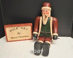 Grande Main Sculptée Bois Joint Santa Avec Pipe Par Famed Folk Artist Mark Glandon 17