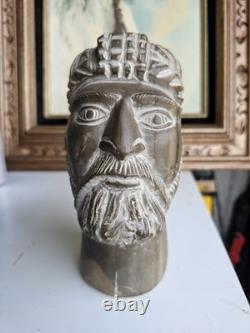 Grande Tête Sculptée en Pierre Vintage Art Populaire Fait Main