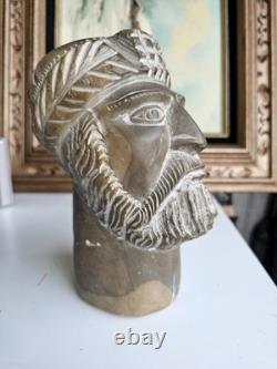 Grande Tête Sculptée en Pierre Vintage Art Populaire Fait Main