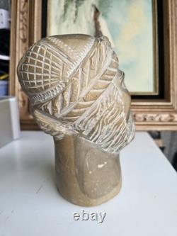 Grande Tête Sculptée en Pierre Vintage Art Populaire Fait Main