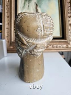Grande Tête Sculptée en Pierre Vintage Art Populaire Fait Main