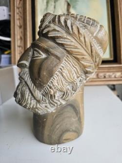 Grande Tête Sculptée en Pierre Vintage Art Populaire Fait Main