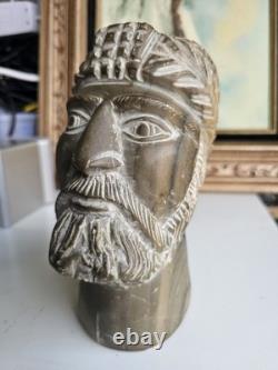 Grande Tête Sculptée en Pierre Vintage Art Populaire Fait Main