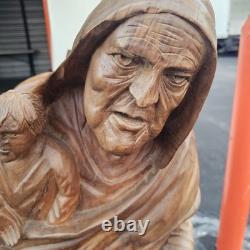 Grande statue en bois sculptée à la main de 3 pieds Mère et Enfant Sculpture d'art populaire