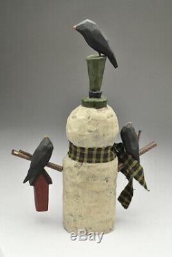 Greg Guedel Folk Art Original En Bois Sculpté Bonhomme De Neige, Début Pièce Daté Et Signé