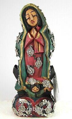 Guadalupe En Bois Sculpté À La Main Avec Milagros Figure Michoacan Mexique Peint 7gb1