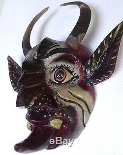 Guerrero Art Populaire Mexicain Masque En Bois Sculpté Diable Diablo Hochets Réel Goat Horns