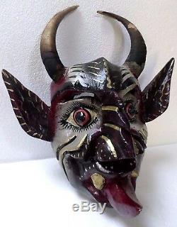 Guerrero Art Populaire Mexicain Masque En Bois Sculpté Diable Diablo Hochets Réel Goat Horns