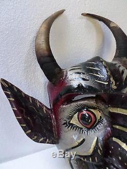 Guerrero Art Populaire Mexicain Masque En Bois Sculpté Diable Diablo Hochets Réel Goat Horns