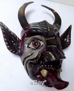 Guerrero Art Populaire Mexicain Masque En Bois Sculpté Diable Diablo Hochets Réel Goat Horns