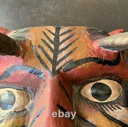 Guerrero Mexicain Folk Art Masque En Bois Sculpté Devil Diablo Real Goat Horns