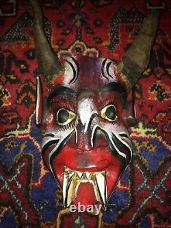 Guerrero Mexicain Folk Art Sculpté En Bois Diablo/devil Danse Mask Véritables Cornes De Chèvre
