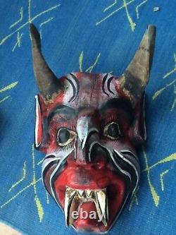 Guerrero Mexicain Folk Art Sculpté En Bois Diablo/devil Danse Mask Véritables Cornes De Chèvre
