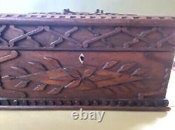 Handsome Antique Primitive Folk Art Walnut Wood Carved Document Storage Box 16