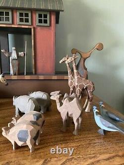 Heirloom Wooden Noah’s Ark 15 Paires Animaux Folk Art Sculpté À La Main Ensemble Peint