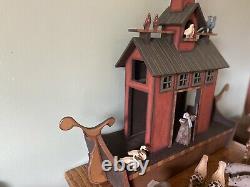 Heirloom Wooden Noah’s Ark 15 Paires Animaux Folk Art Sculpté À La Main Ensemble Peint