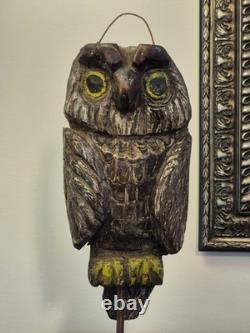 Hibou leurre vintage ancien - Signé - Sculpté et peint à la main, art populaire primitif oiseau