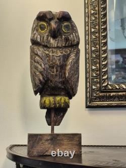 Hibou leurre vintage ancien - Signé - Sculpté et peint à la main, art populaire primitif oiseau