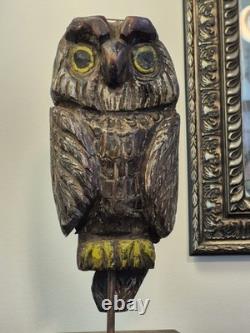 Hibou leurre vintage ancien - Signé - Sculpté et peint à la main, art populaire primitif oiseau