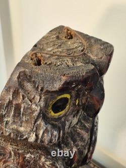 Hibou leurre vintage ancien - Signé - Sculpté et peint à la main, art populaire primitif oiseau