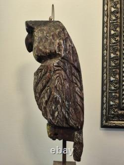 Hibou leurre vintage ancien - Signé - Sculpté et peint à la main, art populaire primitif oiseau