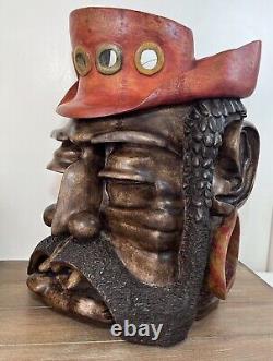 Homme barbu en bois sculpté à la main et signé, grande œuvre d'art mural steampunk nautique 19
