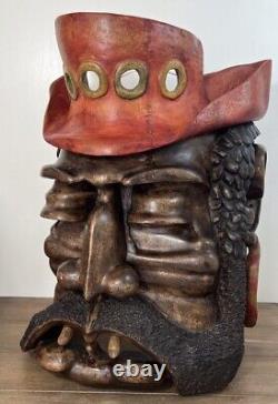 Homme barbu en bois sculpté à la main et signé, grande œuvre d'art mural steampunk nautique 19