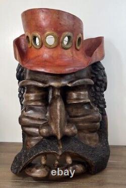 Homme barbu en bois sculpté à la main et signé, grande œuvre d'art mural steampunk nautique 19