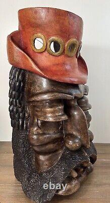 Homme barbu en bois sculpté à la main et signé, grande œuvre d'art mural steampunk nautique 19
