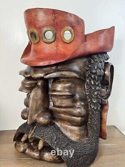 Homme barbu en bois sculpté à la main et signé, grande œuvre d'art mural steampunk nautique 19