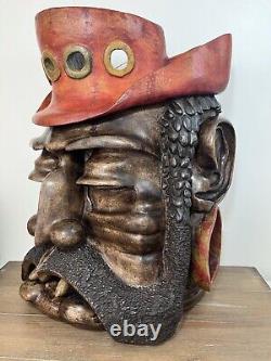 Homme barbu en bois sculpté à la main et signé, grande œuvre d'art mural steampunk nautique 19