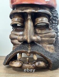 Homme barbu en bois sculpté à la main et signé, grande œuvre d'art mural steampunk nautique 19
