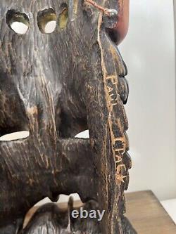 Homme barbu en bois sculpté à la main et signé, grande œuvre d'art mural steampunk nautique 19