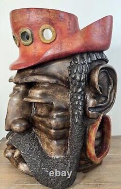 Homme barbu en bois sculpté à la main et signé, grande œuvre d'art mural steampunk nautique 19