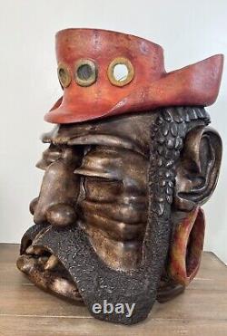 Homme barbu en bois sculpté à la main et signé, grande œuvre d'art mural steampunk nautique 19
