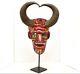 Huge Guerrero Mexicain Folk Art Sculpté En Bois Peint Masque De Mur Devil Goat Horn 14