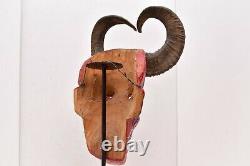 Huge Guerrero Mexicain Folk Art Sculpté En Bois Peint Masque De Mur Devil Goat Horn 14