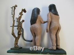 Ildefonso Quiroz Grand Vintage Wood Carving Adam Eve Icône Nu Folk Naive Serpent
