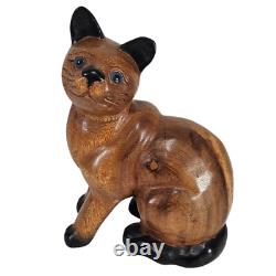 Immense sculpture en bois sculpté à la main d'art folklorique de chat siamois et ses chatons - Thaïlande - 4 pièces - 20,5 pouces