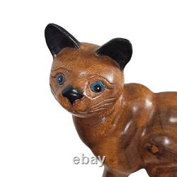 Immense sculpture en bois sculpté à la main d'art folklorique de chat siamois et ses chatons - Thaïlande - 4 pièces - 20,5 pouces