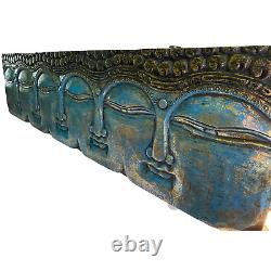 Infinite Faces Bouddha Mur Sculpture Panneau Main Sculptée Peinture Balinais Art Bleu