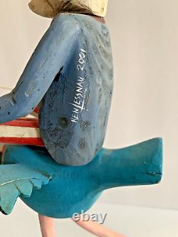 Ken Lessnau Oncle Sam Blue Goose Figure d'Art Populaire Sculpté à la Main 2001 Signé