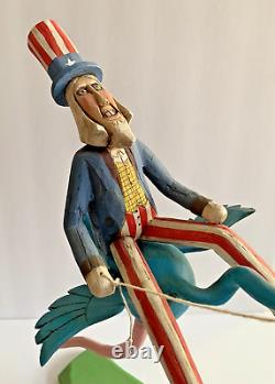 Ken Lessnau Oncle Sam Blue Goose Figure d'Art Populaire Sculpté à la Main 2001 Signé