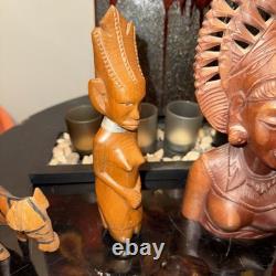 LOT RARE de 7 objets en bois sculptés à la main vintage d'art populaire en bois exotique multiculturel