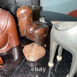 LOT RARE de 7 objets en bois sculptés à la main vintage d'art populaire en bois exotique multiculturel