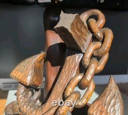 Lampe de table nautique en bois sculpté d'art populaire vintage énorme, ancre de capitaine MCM marin