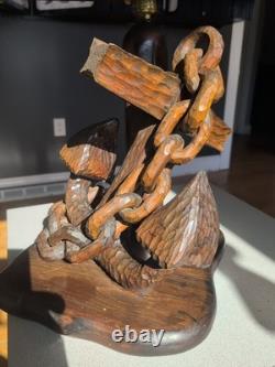 Lampe de table nautique en bois sculpté d'art populaire vintage énorme, ancre de capitaine MCM marin