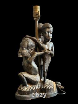 Lampe en bois sculpté à la main vintage d'art populaire tribal africain pour 3 personnes/figures 17 x 8