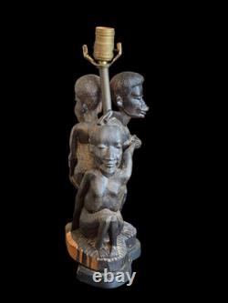 Lampe en bois sculpté à la main vintage d'art populaire tribal africain pour 3 personnes/figures 17 x 8