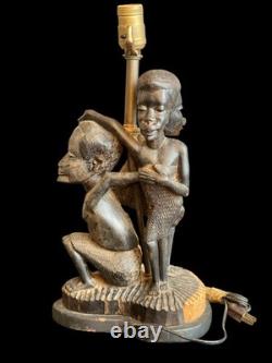 Lampe en bois sculpté à la main vintage d'art populaire tribal africain pour 3 personnes/figures 17 x 8